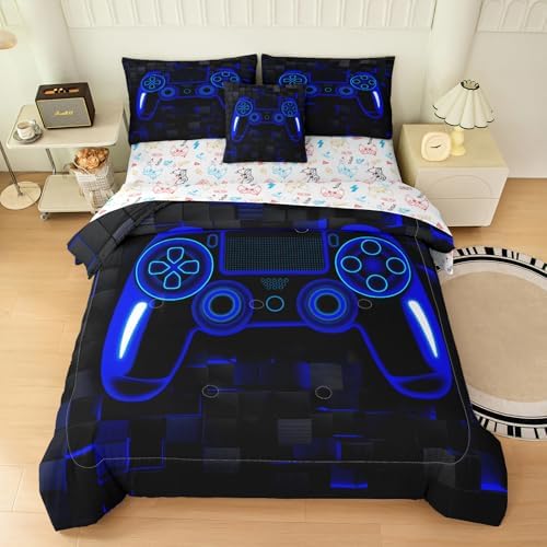 6pcs Gamepad Comforter Set for Boys,Twin Size Bedding Sets for Teen,Kids Comforter Set with 1 Quilt+1 Flat Sheet+1 Fitted Sheet+2 Pillowcases+1 Cushion Cover(Gamepad-F Twin)
