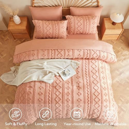 MR&HM King Size Comforter Set 7 Pieces, Boho Tufted Bedding Set Coral Pink
