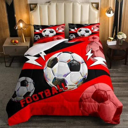 Erosebridal Football King Size Comforter Set for Boys & Girls, Sports Bedding Set for Kids Room Decor, Soccer Theme 3Pcs - Red & Black