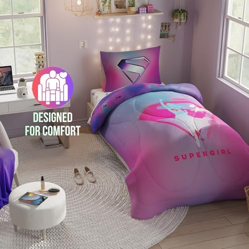 Supergirl Movie Bedding Set, Twin Size, 4-Piece Super Soft Cozy Reversible Comforter & Sheet Set (Officially Licensed Product) by Franco