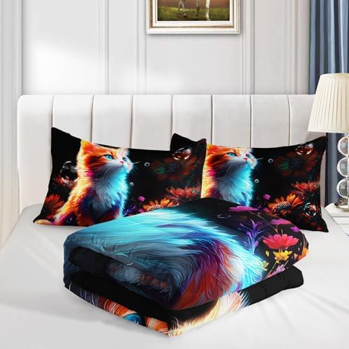 Cartoon Kawaii Cat Comforter Set Twin Size 3D Animals Flower Toddler Bedding Set Cat Lovers Animal Bubble Design Quilt Bed Set for Girls Kids Teens