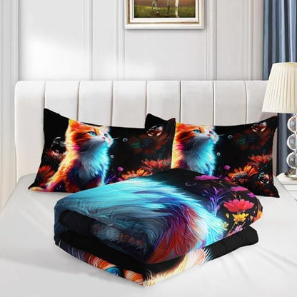 Cartoon Kawaii Cat Comforter Set Twin Size 3D Animals Flower Toddler Bedding Set Cat Lovers Animal Bubble Design Quilt Bed Set for Girls Kids Teens