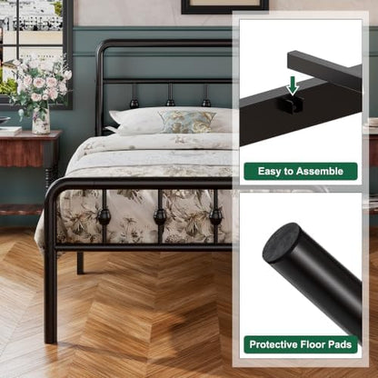 EMODA 16 Inch Twin Bed Frames with Headboard and Footboard, Heavy Duty Twin Platform Bed, Metal Slats Support Mattress Foundation, No Box Spring Needed, Easy Assembly