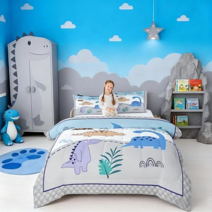 Castle Fairy Cartoon Jungle Dino Comforter/Duvet Set King Size,Kids Dinosaur Ultra Soft Bed Collection,Cute Wildlife Animal Double Sides Print Bedding for Bedroom Decor 3 Pcs,Microfiber Breathable