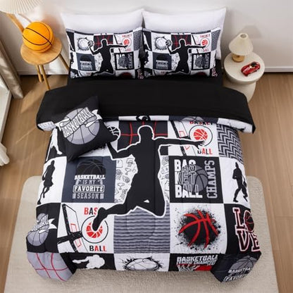 Aimuan Basketball Bedding Set for Boys Kids Teens, Soft Black and Red Sports Geometric Grid Patchwork Theme Basketball Bedding Sets Full Size, Black