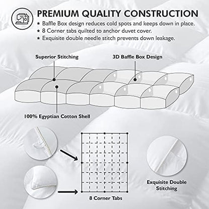 Luxurious Queen Size Goose Down Fiber Waterfowl Feather Fiber Comforter Duvet, 48 oz. Fill Weight, Baffle Box Design, White Solid