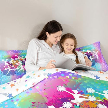 Cheerleading Girls Comforter Set King Size,Gymnastics Dancing Lovers Bedding Set for Kids Teens Woman Room Decor,Rainbow Watercolor Graffiti Dots Bedspread Modern Fashion Down Comforter 3pcs