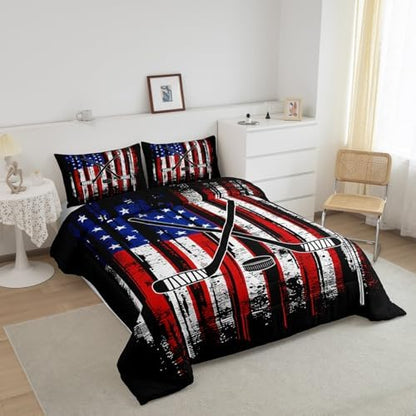 Manfei Ice Hockey Comforter Set Full Size, American Flag Print Bedding Set 3pcs for Kids Boys Teens Room Decor, Hockey Sports Gaming Theme Down Comforter with 2 Pillowcases, No Sheets