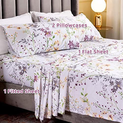 QSH 100% Egyptian Cotton Sheets Full Size Set, Yellow Flowers Plant Pattern Botanical Luxury Cotton Printed Bedding Floral Full Bed Sheets Extra Soft and Breathable 4pcs Deep Pockets Sheets