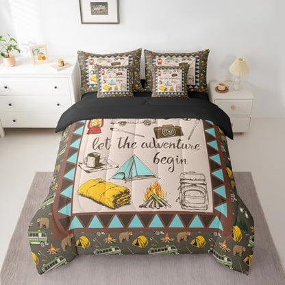 Erosebridal Camper Accessories 7 Piece Bedding for Travel Trailers,Aztec Farmhouse Style Comforter Set Queen Bed in a Bag for Kids Boys Girls,Happy Camping Bed Sheets,Bear Travel Car Down Comforter