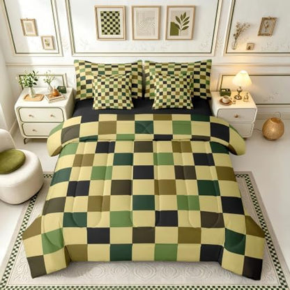 Checkered Retro Comforter Set Twin Size 7 Pieces Hunter Green Plaid Bedding Set for Kids Boys Girls Geometric Camo Army Bed in a Bag Modern Hunting Groovy Aesthetic Bedroom Decor Quilted Lightweight