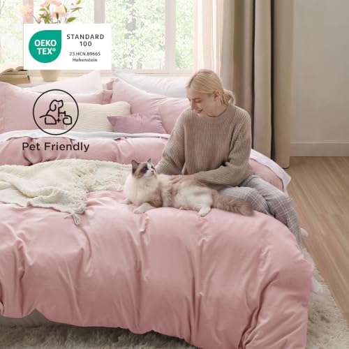 Bedsure Prewashed Duvet Cover Queen, Cotton-Like Soft Bedding Set, Pink