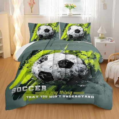Nttopship Sports Soccer Comforter Set King Size,Green Soccer Ball Bedding Sets 3PCS for Kids Teen Adult Sports Room Decor Ultra-Soft Lightweight Microfiber 1 Comforter with 2 Pillowcases