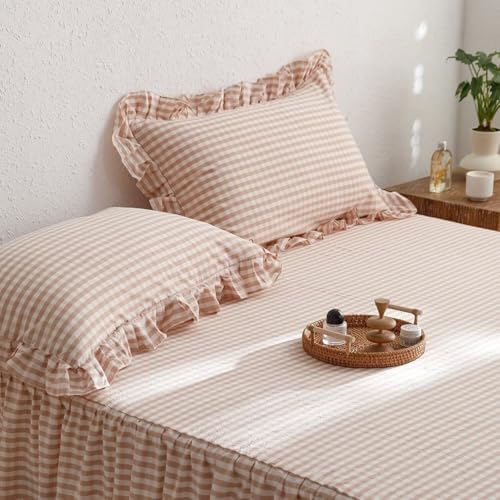 mixinni Vintage Pink Gingham Ruffle Comforter Set 3-Piece Washed Cotton Full Size Grid Bedding Set with Geometric Checkered Pattern, Farmhouse Chic Soft Fluffy Comforter for All-Season