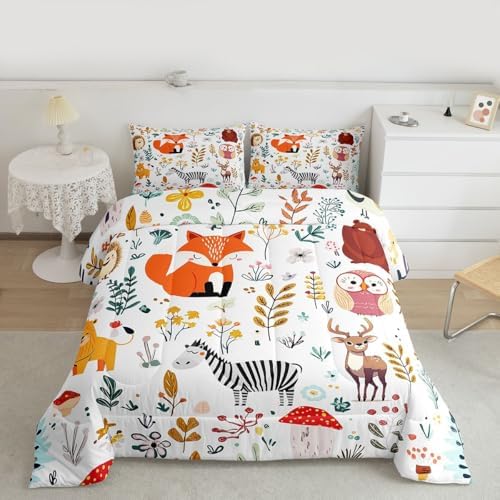 Erosebridal Kids Fox Comforter Set Twin,Cute Woodland Bear Deer Down Comforter for Boys Girls Bedroom,Cartoon Owl Lovely Animal Wildlife Bedding Sets Flower Leaves Quilt Duvet Set 2 Pcs Colorful