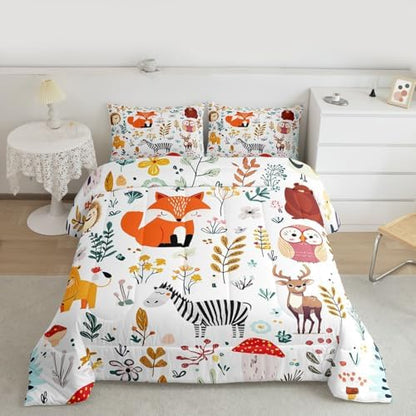 Erosebridal Kids Fox Comforter Set King,Cute Woodland Bear Deer Down Comforter for Boys Girls Bedroom,Cartoon Owl Lovely Animal Wildlife Bedding Sets Flower Leaves Quilt Duvet Set 3 Pcs Colorful