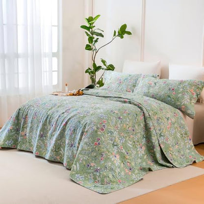 Lady Ann Oversized King Bedspreads 128x120 for Extra Bed, Green Flower Bird Butterfly Print Botanical Bedding, Lightweight 100% Cotton Quilted Coverlet Set with Pillow Shams for All Season, 3 PCS