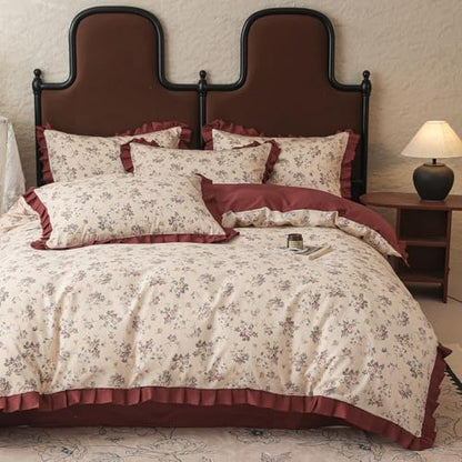 VM VOUGEMARKET Red Ruffle Duvet Cover Twin,Vintage Rose Flower Bedding Set with Zipper Ties 100% Cotton Romantic Lace Comforter Cover for Teen Girls