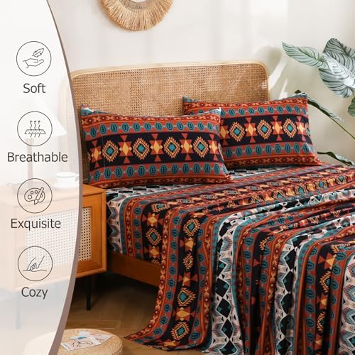 CozySmile 4 Pieces Queen Sheet Set Bohemian, Boho Sheets Soft Microfiber Deep Pocket, Western Sheets Geometric(Queen, Multicolor Tribal)