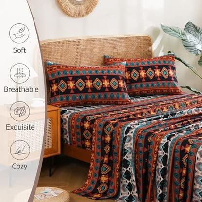 CozySmile 4 Pieces Queen Sheet Set Bohemian, Boho Sheets Soft Microfiber Deep Pocket, Western Sheets Geometric(Queen, Multicolor Tribal)