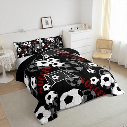 Soccer Ball Games Bedding Set Queen Size Football Gate Print Comforter Set for Kids Teens Boys Room Decor Modern Sports Gaming Down Comforter Geometric Circle Quilt Set with 2 Pillowcases
