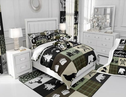 Castle Fairy Deer Antlers Comforter Set Twin Size,Bear Pine Arrow Hunting Adventure Bedding Set for Kids Boys Men,Camper Retro Green Plaid Checkered Quilted Duvet Set with 1 Pillowcase