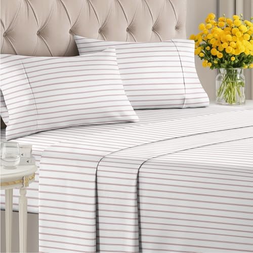 Full 4 Piece Striped Sheet Set - Soft, Breathable & Cooling - Double Red