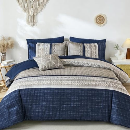 Dintszyayue Blue Queen Comforter Size Set, 8 Pieces Boho Grey Striped Texture Bed in a Bag Sets, Lightweight Soft Bohemian Comforter and Sheet Set, All Season Microfiber Bedding Sets for Men Women