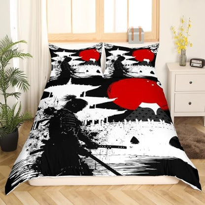Feelyou Samurai Bedding Set King Size Kids Sunset Comforter Cover Set for Boys Girls Teens Red Sun Japanese Wave Home Decor Duvet Cover Japanese Ukiyoe Theme Bedspread Cover
