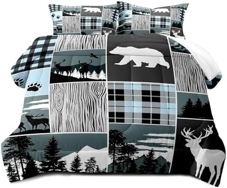 LUVIVIHOME 3PCS Bear Deer Comforter Set Full Size, Elk Moose Woodland Forest Animal Wildlife Hunting Country Lodge Rustic Farmhouse Cabin Bedding, Black & Blue Plaid Patchwork Quilt, 2 Pillow Cases