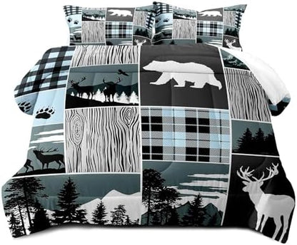 LUVIVIHOME 3PCS Bear Deer Comforter Set Full Size, Elk Moose Woodland Forest Animal Wildlife Hunting Country Lodge Rustic Farmhouse Cabin Bedding, Black & Blue Plaid Patchwork Quilt, 2 Pillow Cases