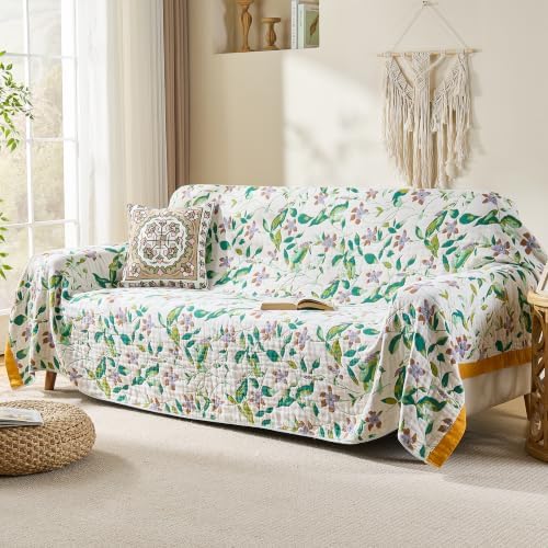 VANJOROY Boho Throw Blanket, 100% Organic Cotton Breathable Skin-Friendly Ultra Soft 80" x 90" Bed Quilt Throw - Floral Rustic Decor Luxury Reversible Blanket for Sofa Couch Chair and Gift,