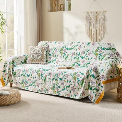 VANJOROY Boho Throw Blanket, 100% Organic Cotton Breathable Skin-Friendly Ultra Soft 80" x 90" Bed Quilt Throw - Floral Rustic Decor Luxury Reversible Blanket for Sofa Couch Chair and Gift,