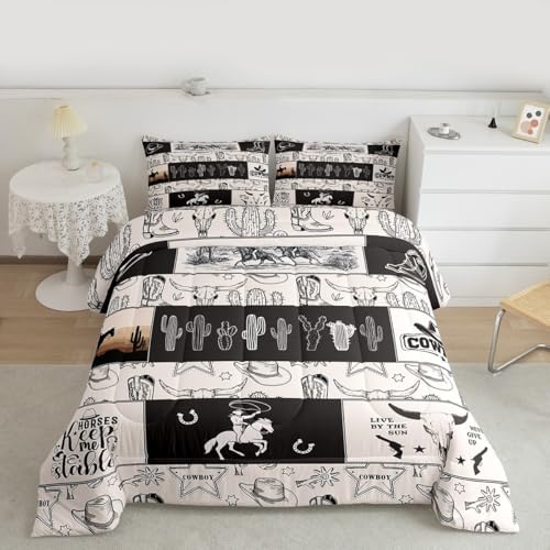 Western Cowboy Kids Comforter Set Queen Size,Cowboy Boots Horseshoe Farmhouse Bedding Set,Boys Girls Adults Room Decor,Cow Skull Cactus Rustic Down Comforter,Beige Retro Duvet Insert,2 Pillowcases