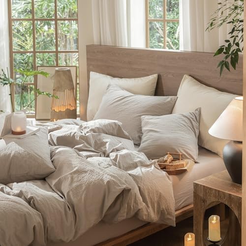 MooMee Wavy Striped Duvet Cover Set 100% Washed Cotton Linen Like Textured Breathable Durable Soft Comfy (Beige, Queen 90"x90")