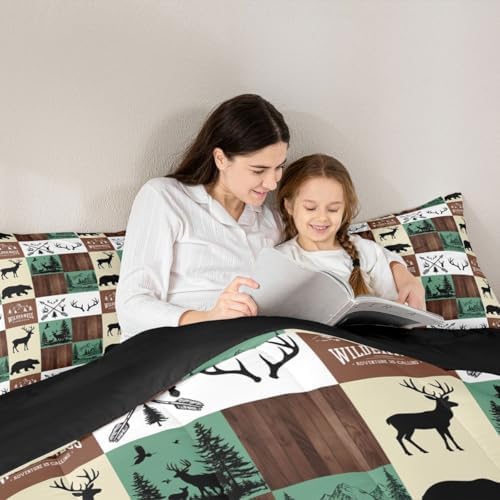 Hunting Bear Deer Bedding Set, Farmhouse Lodge Cabin Comforter Set Full Size for Kids Boys Teens Bedroom Decor, Rustic Woodland Moose Duvet Insert Western Country Patchwork Quilt with 2 Pillow Cases