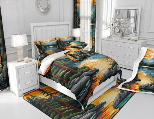 Sunset Comforter Set King Size,Lake House Fishing Camping Bedding Set for Kids Teens Adults Room Decor,Retro Rustic Style Quilt Set,Mountain River Nature Scenery Duvet Insert 3Pcs,2 Pillowcases