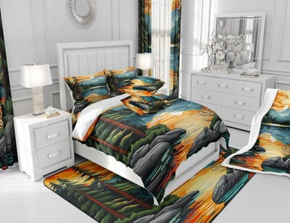Sunset Comforter Set King Size,Lake House Fishing Camping Bedding Set for Kids Teens Adults Room Decor,Retro Rustic Style Quilt Set,Mountain River Nature Scenery Duvet Insert 3Pcs,2 Pillowcases