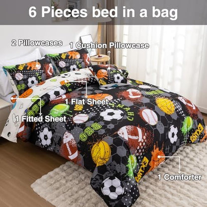 A Nice Night 6Pcs Bed in A Bag Full Sports Microfiber Comforter Set,Black Rugby Ball Basketball Printed Bedding Collections,for Boys Kids Teen