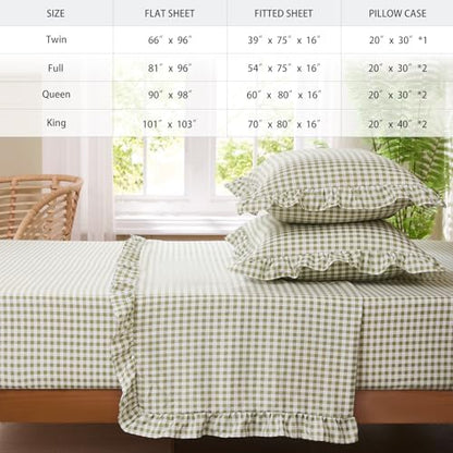Gingham King Sheet Set, Lightweight Super Soft Brushed Microfiber Plaid Bed Sheets with 16" Deep Pocket, 4 Piece Ruffle Farmhouse Bedroom Decor, Sage Green