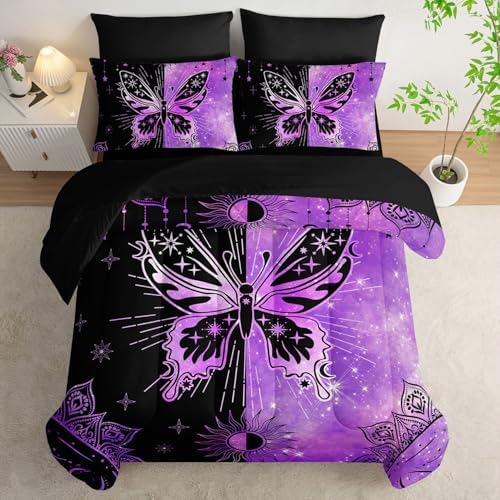 7Pcs Animals Comforter Set Black Purple Butterfly Printed Bedding Set with 1 Comforter, 1 Flat Sheet, 1 Fitted Sheet and 4 Pillowcases for Boys and Girls Bedroom (Butterfly-3 Full