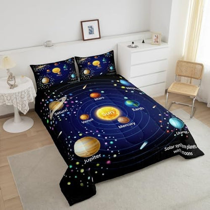 Erosebridal Kids Outer Space Comforter Set, Boys Starry Sky Galaxy Duvet Sets Full Size Planet Space Down Comforter for Girls Teens Adult Bedroom Decor, Solar System Cosmos Bedding Set, Blue Purple