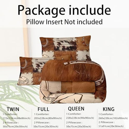 Brown Cowhide Patchwork Cow Print Comforter Set King,Western Cowboy Bedding Set for Boys Girls,Animal Cowhide Bedding Set,Soft Microfiber Western Quilt Set for Bedroom Decor