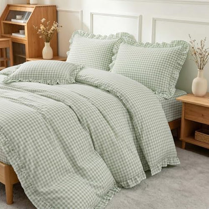 Nayoroom Green Ruffle Gingham Comforter Set Queen Plaid Checkered Bedding