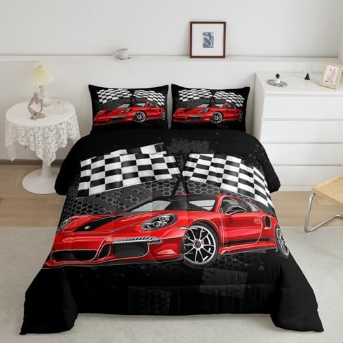 Manfei Racing Car Comforter Set King Size, Red Sports Car Quilt Set with 2 Pillowcases, Black White Plaid Grid Flag Print Bedding Set 3pcs for Kids Boys Teens Bedroom Decor