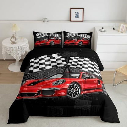 Manfei Racing Car Comforter Set King Size, Red Sports Car Quilt Set with 2 Pillowcases, Black White Plaid Grid Flag Print Bedding Set 3pcs for Kids Boys Teens Bedroom Decor