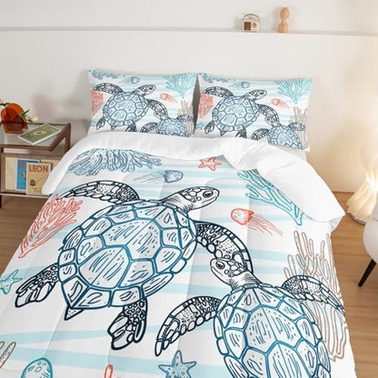 HOSIMA Kids Sea Turtle Comforter Full,Coastal Bedding with 2 Pillowcases.
