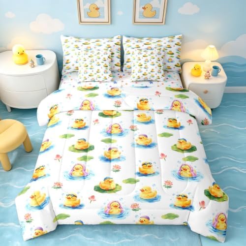 Erosebridal Cute Yellow Duck Full Bedding Set 7 Piece Kawaii Rubber Ducks Bed in A Bag with Sheets Cartoon Animal Print Comforter Set for Kids Adults,Funny Duck Lotus Bed Sets