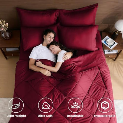 HEVUMYI 7-Piece King Comforter Set, Red Bed in a Bag