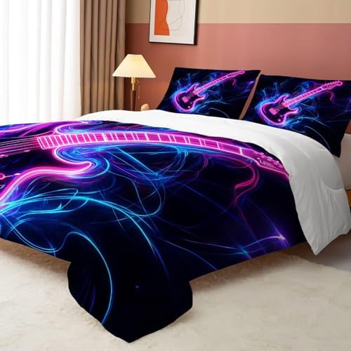 Guitar Comforter Set King Size Neon Music Bedding for Kids Girls Women Bedroom Quilt Bed Set 1 Comforter 2 Pillowcases